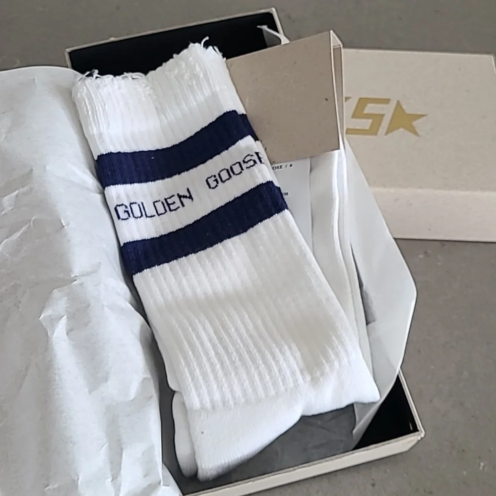 NWT Golden Goose Cotton socks with distressed finishes, blue stripes and logo